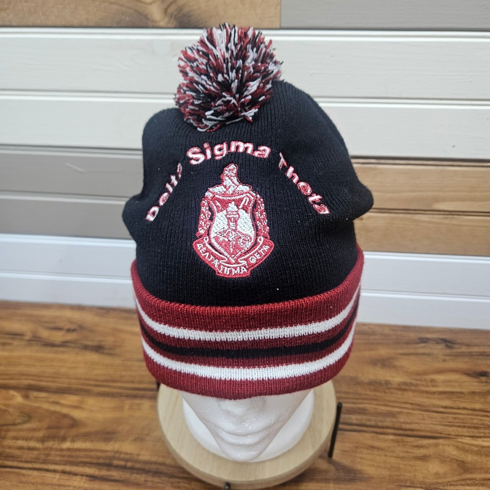 Delta Sigma Theta Sorority Beanie Hat Black Red White Pom Cuffed Knit Cap DST